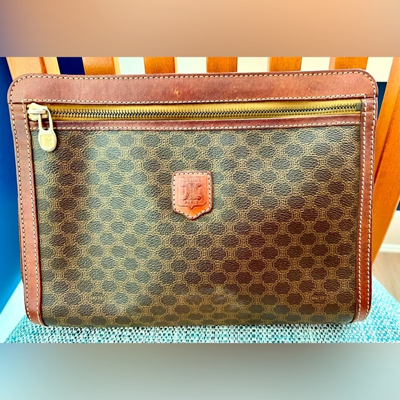 Celine Brown Leather Wristlet with Monogram Pattern - Picture 1 of 10